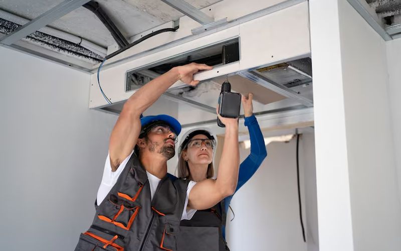 Two technicians servicing a ceiling air duct register during a whole-home duct cleaning