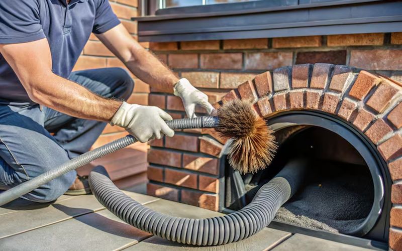 A technician sweeping a brick fireplace flue with a rotary brush and HEPA vacuum hose