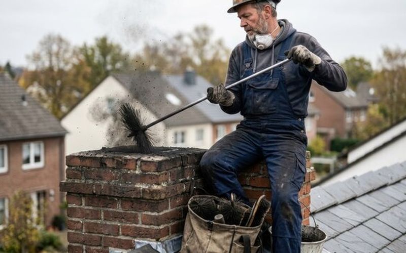 A chimney sweep in a respirator clearing soot from a brick chimney on a residential roof