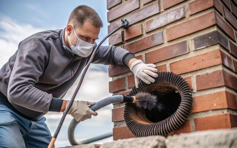 A technician brushing out a round flue opening in a red brick chimney wall